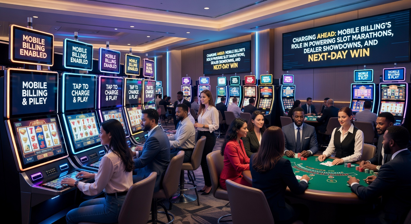Dynamic split-view image showing a hand tapping a phone for billing confirmation beside a live blackjack dealer showdown and a slot payout notification arriving the next morning