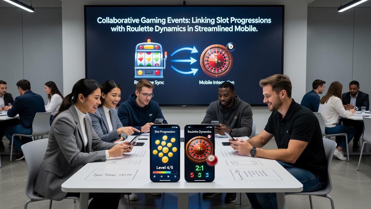 Group of players engaging with collaborative slot-roulette event on mobile devices