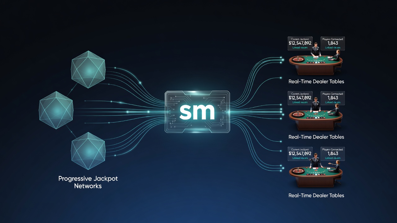 Illustration of data flow between mobile app, progressive jackpot server, and live dealer platform